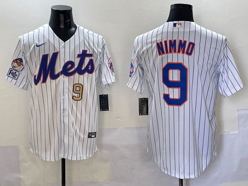 Men New York Mets 9 Nimmo White Stripe Game 2025 Nike MLB Jersey style 5